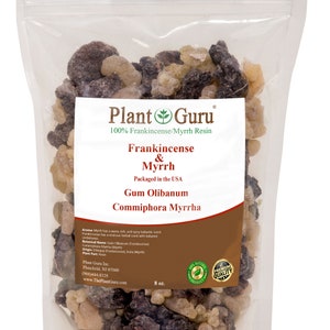 May include: A clear plastic bag filled with brown and beige frankincense and myrrh resin. The bag has a label that reads "Plant Guru 100% Frankincense/Myrrh Resin Frankincense & Myrrh Packaged in the USA Gum Olibanum Commiphora Myrrha". The label also includes information about the aroma, botanical name, origin, and plant part of the resin. The bag is labeled with "8 oz."