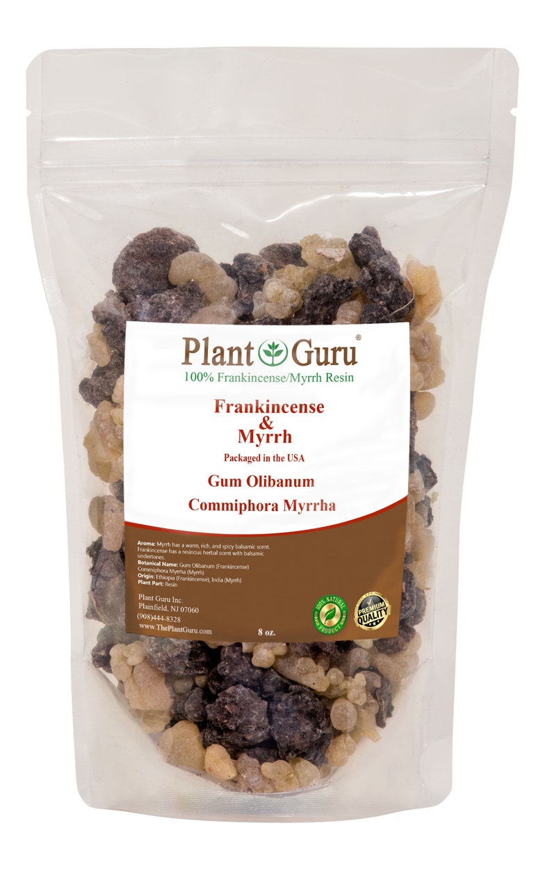 May include: A clear plastic bag filled with brown and beige frankincense and myrrh resin. The bag has a label that reads "Plant Guru 100% Frankincense/Myrrh Resin Frankincense & Myrrh Packaged in the USA Gum Olibanum Commiphora Myrrha". The label also includes information about the aroma, botanical name, origin, and plant part of the resin. The bag is labeled with "8 oz."