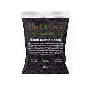 May include: A clear plastic bag filled with black cumin seeds. The bag has a white top and features the "Plant Guru" logo and text that reads "100% Botanical Extract" and "Black Cumin Seeds". The bag contains 5 lbs of seeds.