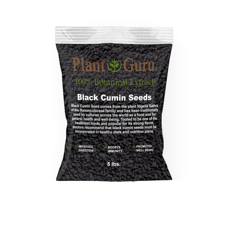 May include: A clear plastic bag filled with black cumin seeds. The bag has a white top and features the "Plant Guru" logo and text that reads "100% Botanical Extract" and "Black Cumin Seeds". The bag contains 5 lbs of seeds.