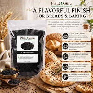 May include: A clear plastic pouch of Plant Guru black cumin seeds with a white label stating 3 lbs. The label includes botanical name Nigella Sativa and ingredients. The pouch is surrounded by baked breads topped with black seeds and a small bowl.