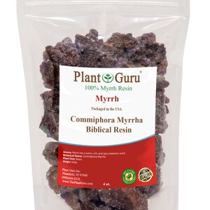 May include: A clear plastic bag filled with dark brown myrrh resin. The bag has a label that reads "Plant Guru 100% Myrrh Resin Myrrh Commiphora Myrrha Biblical Resin". The label also includes information about the aroma, botanical name, plant part, origin, and company contact information. The bag is labeled with "4 oz."