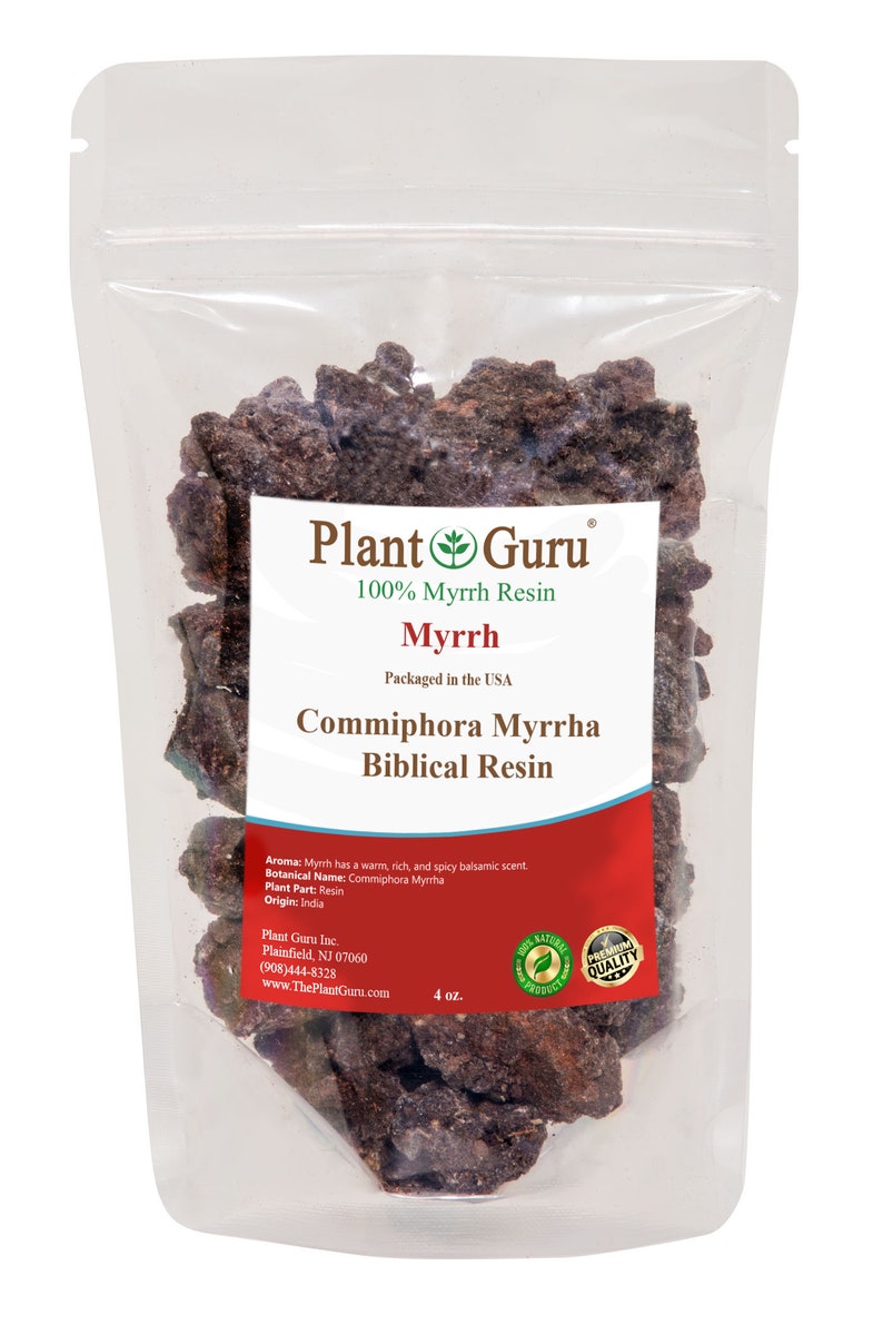 May include: A clear plastic bag filled with dark brown myrrh resin. The bag has a label that reads "Plant Guru 100% Myrrh Resin Myrrh Commiphora Myrrha Biblical Resin". The label also includes information about the aroma, botanical name, plant part, origin, and company contact information. The bag is labeled with "4 oz."