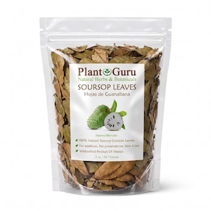 May include: A clear, resealable plastic pouch filled with dried brown soursop leaves. The label reads Plant Guru Natural Herbs & Botanicals, SOURSOP LEAVES, Hojas de Guanabana, Annona muricata, 100% Natural Soursop Graviola Leaves, 2 oz. / 56.7 Grams.