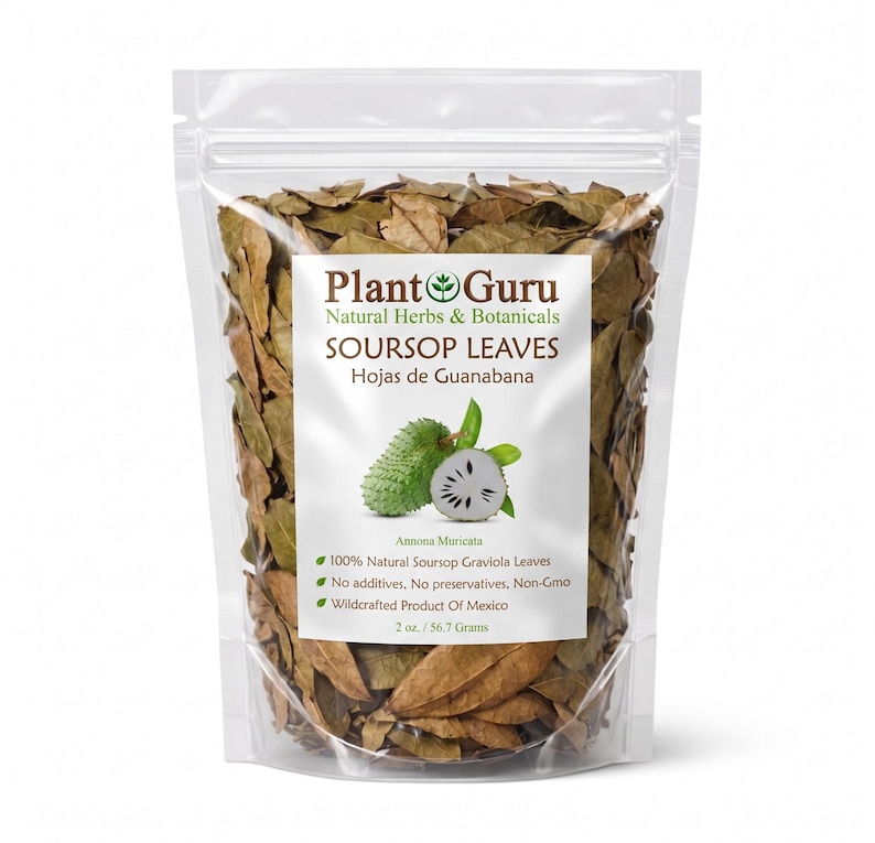 May include: A clear, resealable plastic pouch filled with dried brown soursop leaves. The label reads Plant Guru Natural Herbs & Botanicals, SOURSOP LEAVES, Hojas de Guanabana, Annona muricata, 100% Natural Soursop Graviola Leaves, 2 oz. / 56.7 Grams.