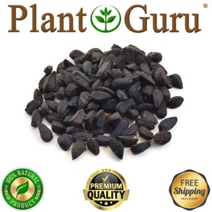 May include: A pile of black seeds, possibly Nigella sativa, against a white background. The Plant Guru logo is at the top. The image includes seals that say "100% Natural Product", "Premium Quality", and "Free Shipping Included".