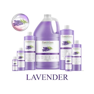 May include: A collection of purple bottles and containers of various sizes, labeled "Plant Guru Lavender." The bottles display a lavender sprig graphic. The word "LAVENDER" is printed in large, purple letters at the bottom of the image.