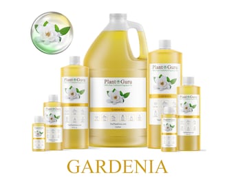 May include: A collection of yellow liquid bottles of varying sizes, labeled "Plant Guru" and "Gardenia." Each bottle features a white gardenia flower graphic. The word "Gardenia" is displayed in gold text below the bottles.