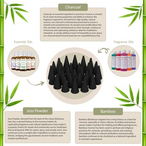 Puede incluir: Imagen que muestra productos relacionados con el incienso. Presenta aceites esenciales, aceites de fragancia, polvo de joss y bamb&uacute;. Un conjunto de conos de incienso de carb&oacute;n negro es el foco central, con texto descriptivo.