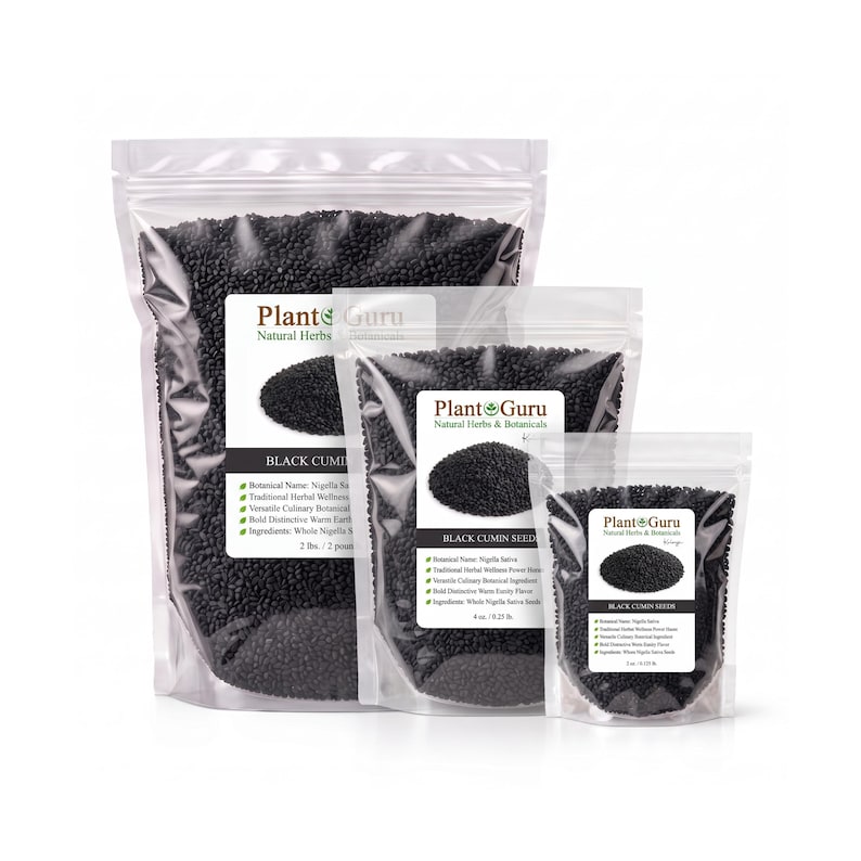May include: Three clear resealable pouches filled with black cumin seeds, labeled Plant Guru. The bags are sized at 2 lbs, 4 oz, and 2 oz. Each label lists botanical name Nigella Sativa, traditional herbal wellness, and whole Nigella Sativa seeds.