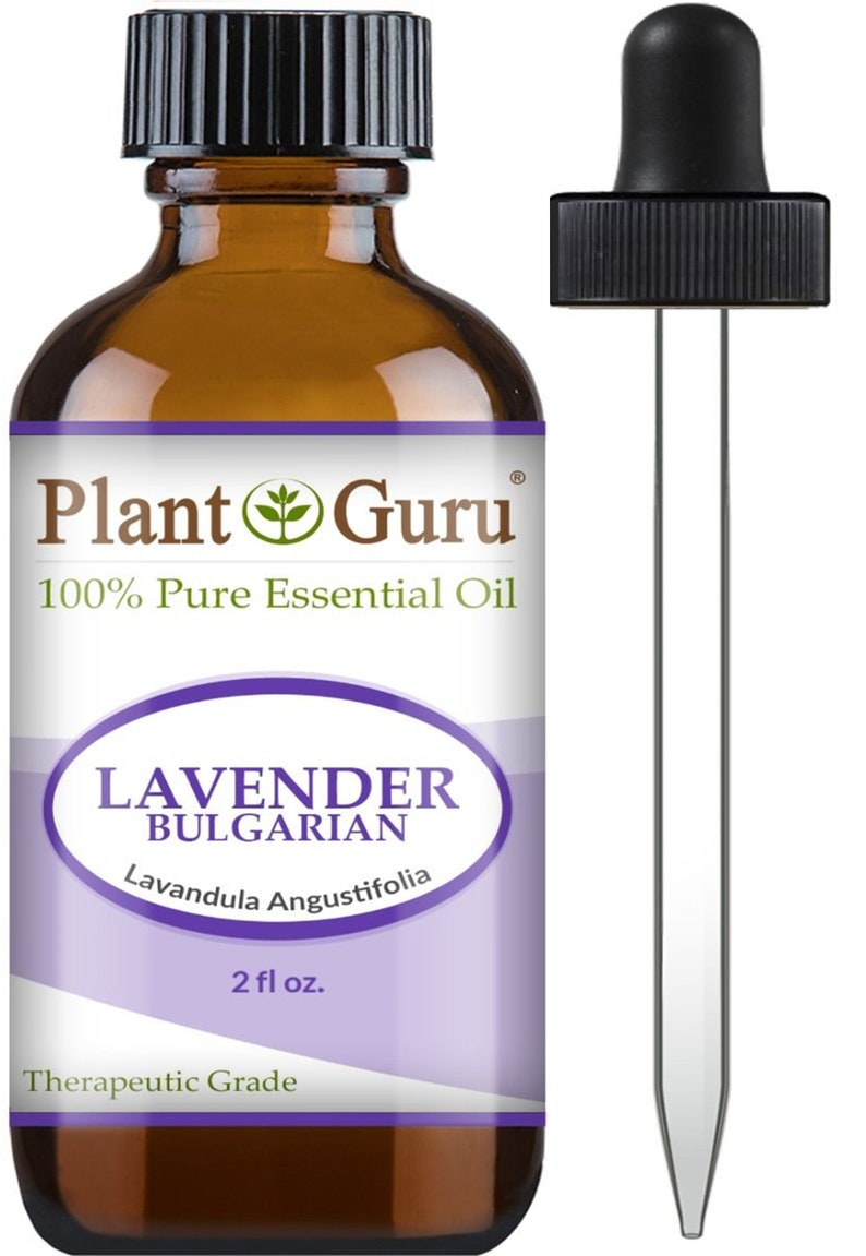 Op de afbeelding: Een bruine glazen fles Plant Guru Lavendel Bulgaarse etherische olie met een zwarte druppelaar. Het etiket bevat de tekst "100% Pure Essential Oil" en "2 fl oz.". De fles heeft een zwarte dop en een paars etiket.