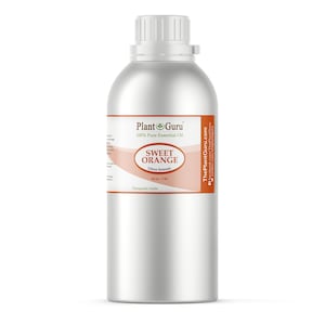 May include: A silver metal bottle of Sweet Orange essential oil from Plant Guru. The label features the text "SWEET ORANGE" and "100% Pure Essential Oil". The bottle contains 16 fl oz / 1 lb of oil. ThePlantGuru.com is also printed on the label.