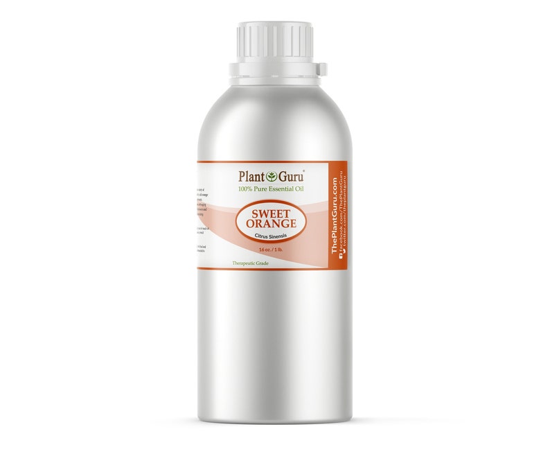 May include: A silver metal bottle of Sweet Orange essential oil from Plant Guru. The label features the text "SWEET ORANGE" and "100% Pure Essential Oil". The bottle contains 16 fl oz / 1 lb of oil. ThePlantGuru.com is also printed on the label.