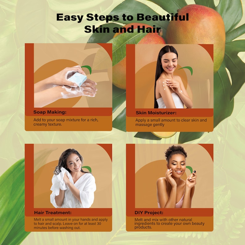 May include: A collage of four images showing easy steps to beautiful skin and hair. The first image shows a person applying soap to their hands. The second image shows a person applying moisturizer to their arm. The third image shows a person applying hair treatment to their hair. The fourth image shows a person holding a bottle of DIY beauty product.