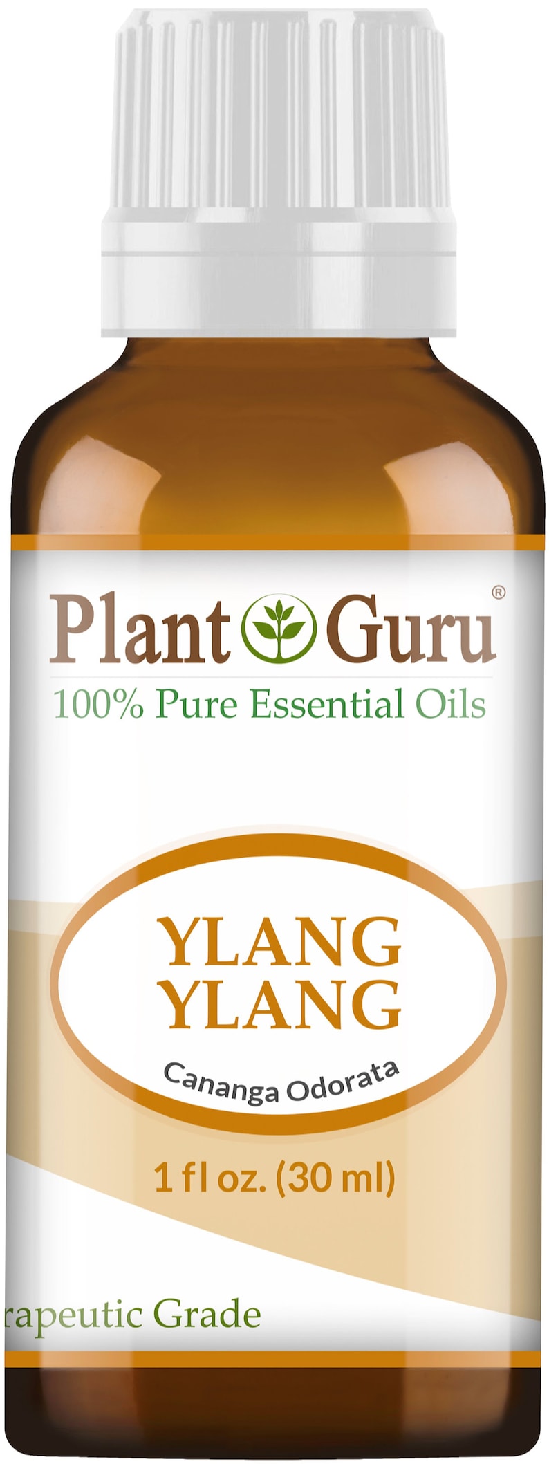 May include: A brown glass bottle of Ylang Ylang essential oil with a white cap. The label reads "Plant Guru 100% Pure Essential Oils" and "Ylang Ylang Cananga Odorata 1 fl oz. (30 ml)." The bottle is labeled "Therapeutic Grade."