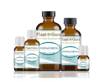 May include: A collection of amber glass bottles of essential oil, labeled "Plant Guru" and "HYDACHEIM." The bottles vary in size, with black caps and white labels. The labels include the text "Hydicum Spicatum" and measurements in fluid ounces.