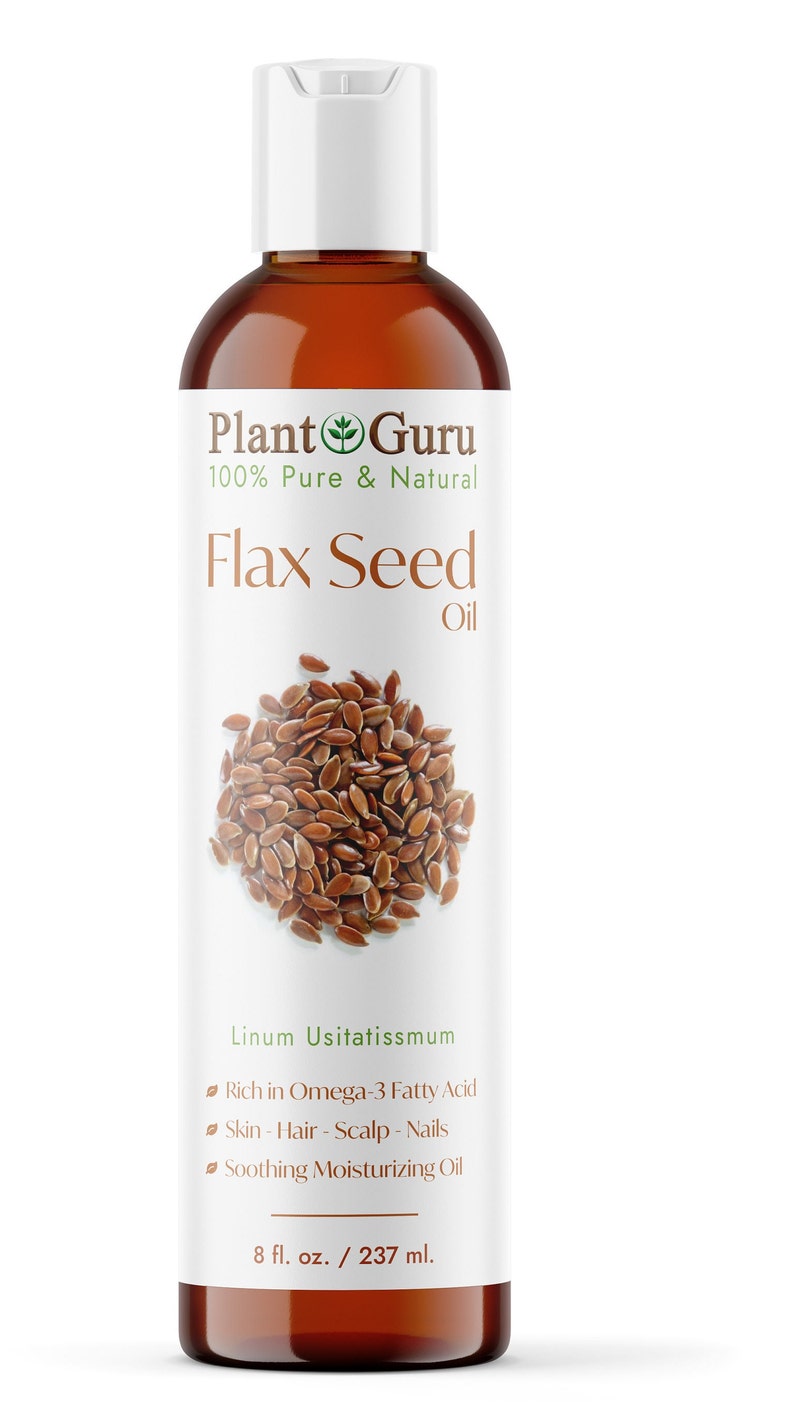 以下が含まれることがあります： 白いキャップが付いた茶色のガラス瓶で、「Plant Guru 100% Pure & Natural Flax Seed Oil」とラベル付けされています。瓶には亜麻仁油が入っており、ラベルには植物学名「Linum Usitatissmum」と、オメガ3脂肪酸が豊富で、鎮静効果と保湿効果のあるオイルであることなど、オイルの利点に関する詳細が記載されています。瓶は8液量オンスまたは237ミリリットルです。