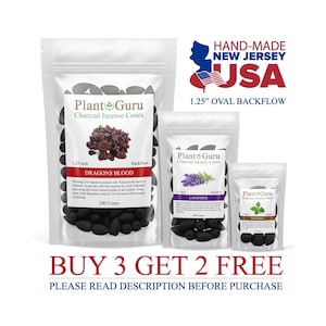 May include: Plant Guru charcoal incense cones in three sizes, including Dragons Blood, Lavender, and Patchouli. The packaging includes the text "Hand-Made New Jersey USA" and "1.25 inch Oval Backflow".