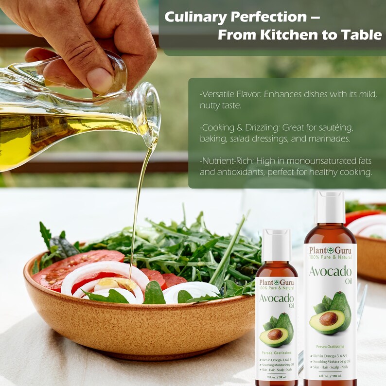 May include: A person pouring avocado oil from a glass bottle over a salad in a brown bowl. Two bottles of Plant Guru avocado oil are in the background. The text reads "Culinary Perfection - From Kitchen to Table."