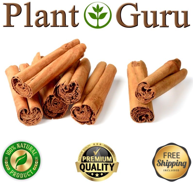 Op de afbeelding: Verschillende kaneelstokjes worden getoond, die hun gerolde vorm en warme bruine kleur laten zien. De afbeelding bevat de tekst "Plant Guru" en zegels met de tekst "100% Natural Product", "Premium Quality" en "Free Shipping Included".