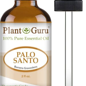 May include: A brown glass bottle of Palo Santo essential oil with a black cap and a dropper. The label reads "Plant Guru 100% Pure Essential Oil" and "PALO SANTO". The bottle contains 2 fl oz of oil and is labeled "Therapeutic Grade".