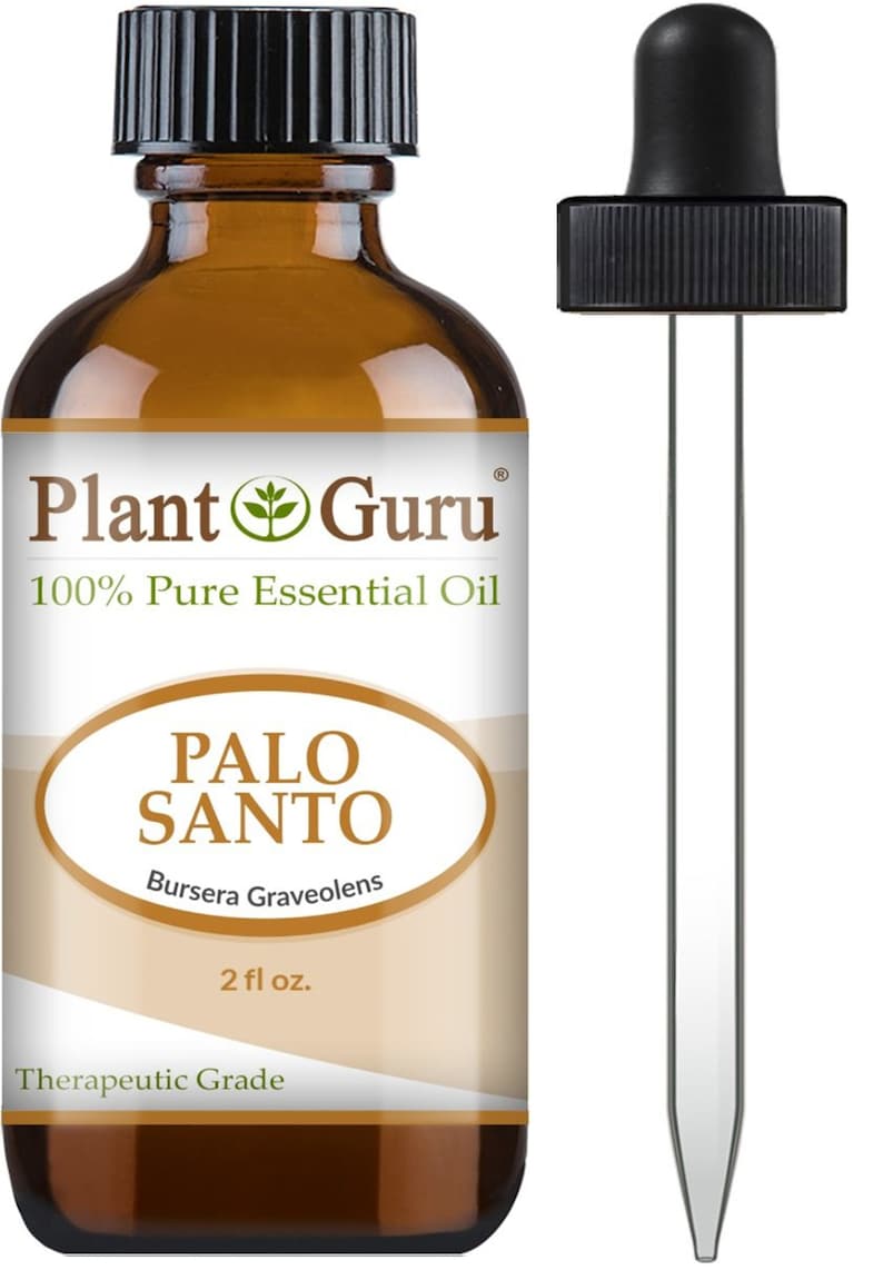 May include: A brown glass bottle of Palo Santo essential oil with a black cap and a dropper. The label reads "Plant Guru 100% Pure Essential Oil" and "PALO SANTO". The bottle contains 2 fl oz of oil and is labeled "Therapeutic Grade".