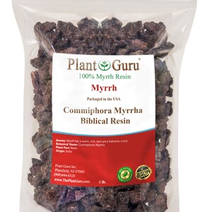 May include: A resealable plastic bag filled with dark brown myrrh resin. The bag has a label that reads "Plant Guru 100% Myrrh Resin Myrrh Packaged in the USA Commiphora Myrrha Biblical Resin". The label also includes the aroma, botanical name, plant part, origin, and contact information for Plant Guru Inc.