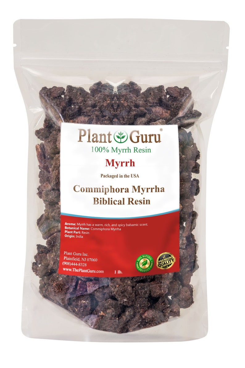 May include: A resealable plastic bag filled with dark brown myrrh resin. The bag has a label that reads "Plant Guru 100% Myrrh Resin Myrrh Packaged in the USA Commiphora Myrrha Biblical Resin". The label also includes the aroma, botanical name, plant part, origin, and contact information for Plant Guru Inc.