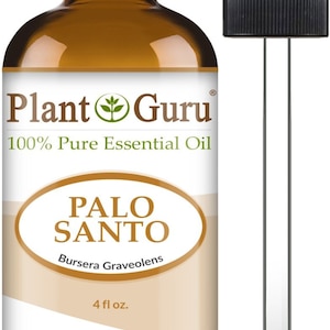 May include: A brown glass bottle of Palo Santo essential oil with a black cap and a dropper. The label reads "Plant Guru 100% Pure Essential Oil" and "PALO SANTO Bursera Graveolens 4 fl oz."