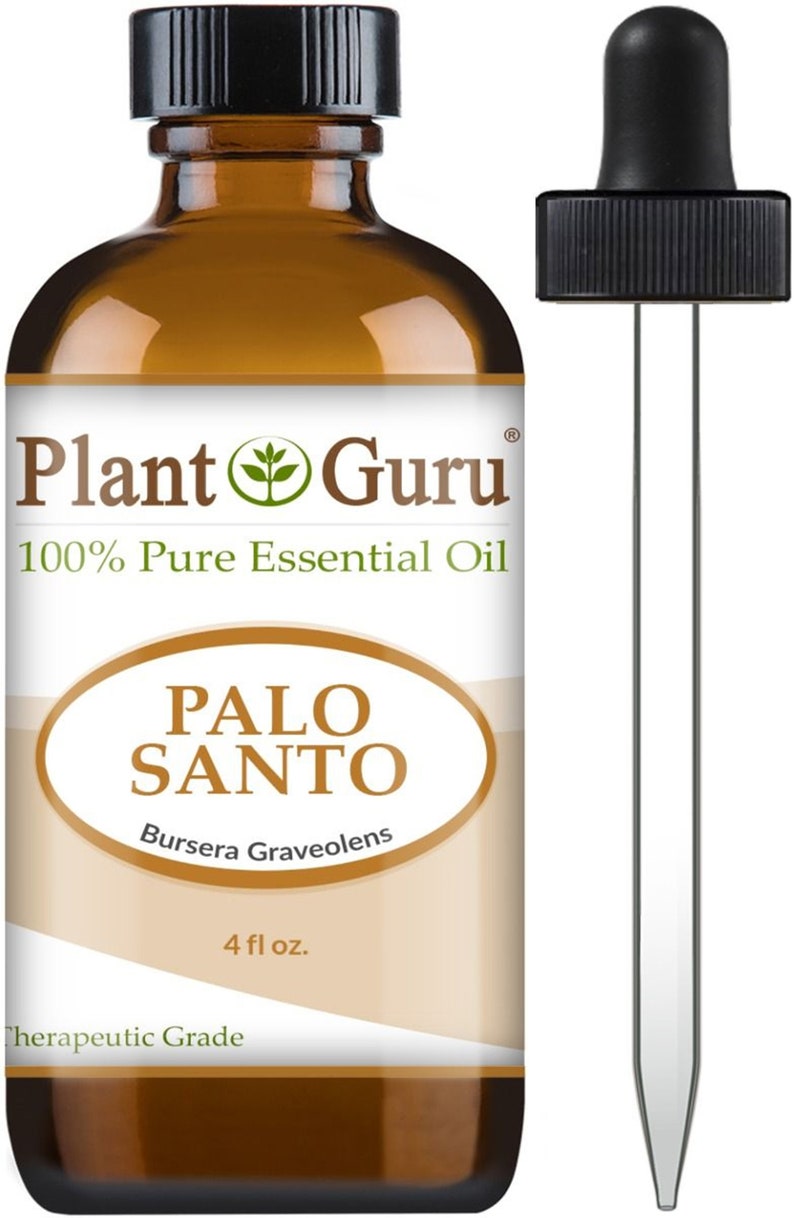 May include: A brown glass bottle of Palo Santo essential oil with a black cap and a dropper. The label reads "Plant Guru 100% Pure Essential Oil" and "PALO SANTO Bursera Graveolens 4 fl oz."