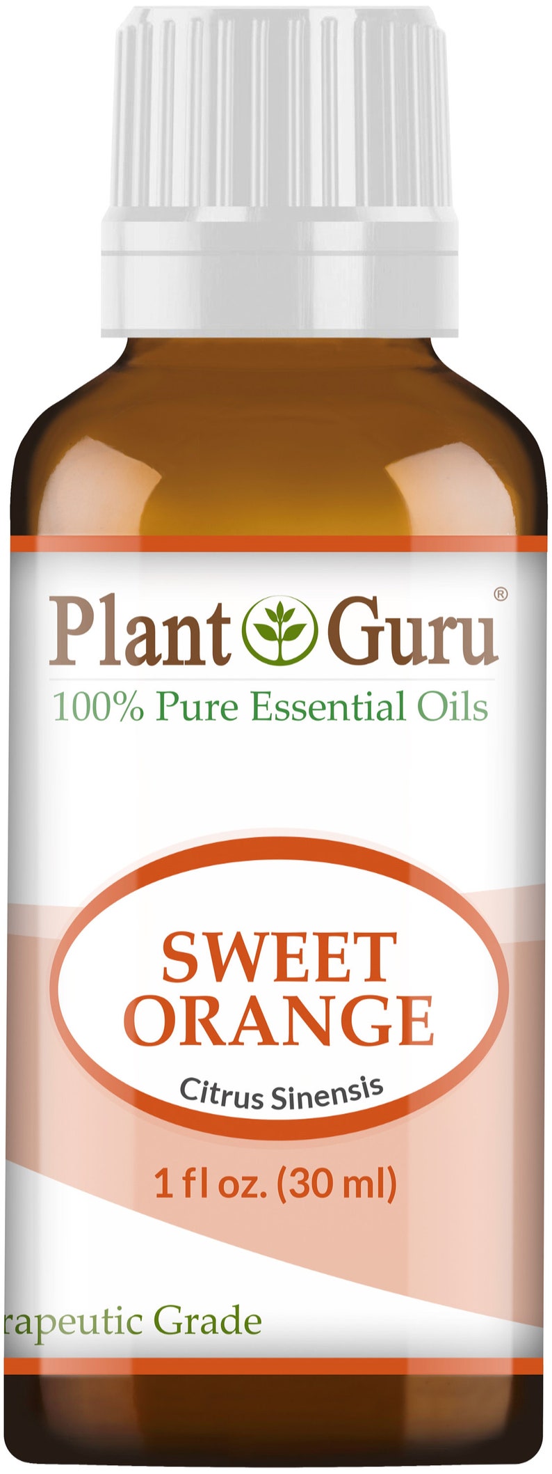 May include: A brown glass bottle of Plant Guru Sweet Orange essential oil. The label includes the text "100% Pure Essential Oils" and "1 fl oz. (30 ml)." The bottle has a white cap.