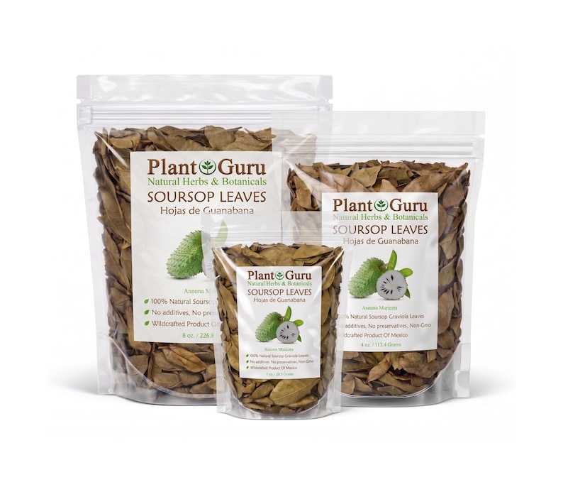 May include: Three clear resealable pouches filled with dried brown soursop leaves. Each label features the Plant Guru logo, the text SOURSOP LEAVES, and an illustration of a green soursop fruit. The bags are labeled 8 oz / 226.8g, 4 oz / 113.4g, and 1 oz / 28.3g.