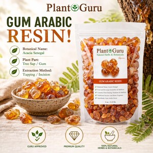 Op de afbeelding: Een doorzichtige plastic zak gevuld met amberkleurige Arabische gom harsstukjes, gelabeld Plant Guru Natural Herbs & Botanicals, 113g. Een gespikkelde keramische kom bevat extra harsstukjes naast de zak op een houten ondergrond.