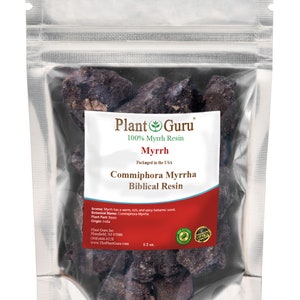 May include: A close-up of a resealable bag containing dark brown myrrh resin. The bag has a label that reads "Plant Guru 100% Myrrh Resin Myrrh Packaged in the USA Commiphora Myrrha Biblical Resin". The label also includes information about the aroma, botanical name, plant part, origin, and company contact information. The bag is 1/2 oz.
