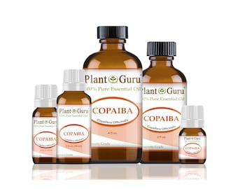 May include: A collection of amber glass bottles of varying sizes, each with a black cap and white label. The labels read "Plant Guru" and "COPAIBA" with the botanical name. The bottles contain 100% pure essential oil, with sizes ranging from 1/3 fl oz to 4 fl oz.