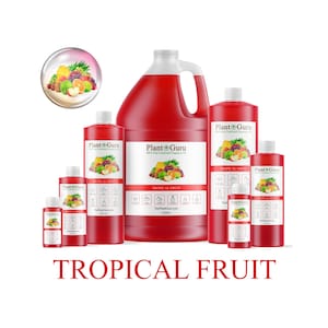 May include: A collection of red bottles and jugs of varying sizes, labeled "Plant Guru" and "Tropical Fruit." The bottles feature a colorful illustration of tropical fruits. The text "Tropical Fruit" is displayed at the bottom.