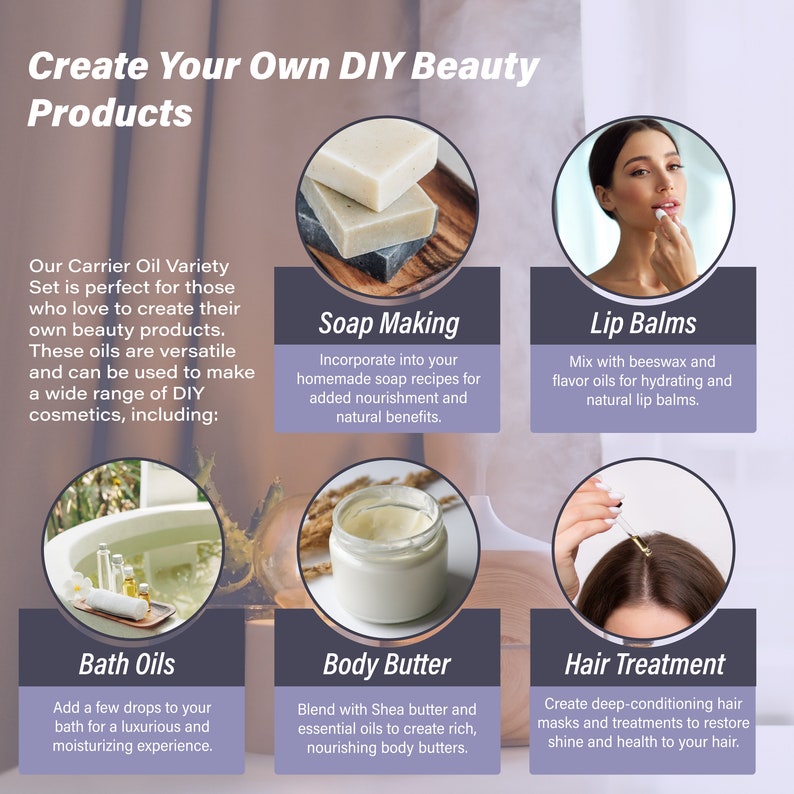 May include: A collage of images showing different DIY beauty products, including soap making, lip balms, bath oils, body butter, and hair treatment. The text "Create Your Own DIY Beauty Products" is at the top of the image.