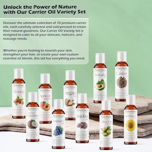 May include: A set of 10 small glass bottles of carrier oils, each labeled with the name of the oil and the brand "Plant Guru". The bottles are arranged on a wooden surface. The oils include Almond, Apricot Kernel, Argan, Avocado, Castor, Coconut, Grapeseed, Jojoba, Olive Oil, and Sunflower.