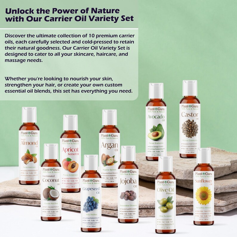 May include: A set of 10 small glass bottles of carrier oils, each labeled with the name of the oil and the brand "Plant Guru". The bottles are arranged on a wooden surface. The oils include Almond, Apricot Kernel, Argan, Avocado, Castor, Coconut, Grapeseed, Jojoba, Olive Oil, and Sunflower.