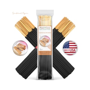 May include: A package of PlantGuru Sandalwood incense sticks in a clear plastic sleeve, flanked by two crossed bundles of black incense sticks with tan wooden ends. The label features the text Sandalwood Mysore, PlantGuru, and Made in the USA.