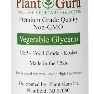 Puede incluir: Una botella de pl&aacute;stico transparente de glicerina vegetal pura Plant Guru con tapa blanca. La etiqueta dice: Plant Guru, 100% Pure Vegetable Glycerin, Premium Grade Quality, Non-GMO, USP - Food Grade - Kosher, Made in the USA, 237 ml / 326 g.