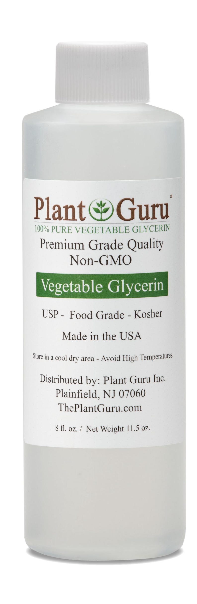 Puede incluir: Una botella de pl&aacute;stico transparente de glicerina vegetal pura Plant Guru con tapa blanca. La etiqueta dice: Plant Guru, 100% Pure Vegetable Glycerin, Premium Grade Quality, Non-GMO, USP - Food Grade - Kosher, Made in the USA, 237 ml / 326 g.