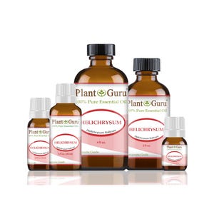 May include: A collection of amber glass bottles of varying sizes, labeled "Plant Guru 100% Pure Essential Oil HELICHRYSUM". The bottles have black caps and white labels with pink accents. Sizes include 1 fl oz, 2 fl oz, and 4 fl oz.
