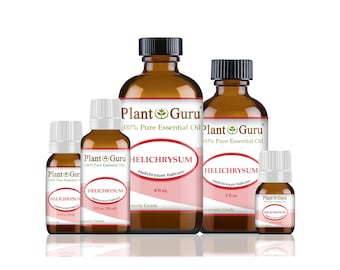 May include: A collection of amber glass bottles of varying sizes, labeled "Plant Guru 100% Pure Essential Oil HELICHRYSUM". The bottles have black caps and white labels with pink accents. Sizes include 1 fl oz, 2 fl oz, and 4 fl oz.