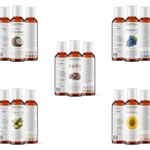 May include: Set of ten 100% pure and natural carrier oils in amber glass bottles with white labels. The oils include coconut, grapeseed, jojoba, olive, and sunflower. Each bottle has a white cap and a label with the oil name and the Plant Guru logo.