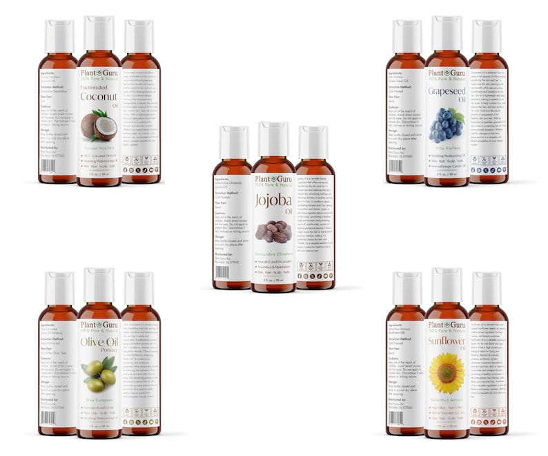 May include: Set of ten 100% pure and natural carrier oils in amber glass bottles with white labels. The oils include coconut, grapeseed, jojoba, olive, and sunflower. Each bottle has a white cap and a label with the oil name and the Plant Guru logo.
