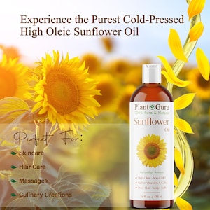 K&ouml;nnte beinhalten: Eine durchsichtige Glasflasche mit Plant Guru 100% reinem & nat&uuml;rlichem Sonnenblumen&ouml;l. Die Flasche ist mit einer Sonnenblumengrafik und dem Text "Sunflower Oil" beschriftet. Die Flasche steht auf einem Tisch mit einem Sonnenblumenfeld im Hintergrund. Der Text "Perfect For:" ist mit den folgenden Verwendungen aufgelistet: Hautpflege, Haarpflege, Massagen und Kulinarische Kreationen. Die Flasche enth&auml;lt 473 ml.
