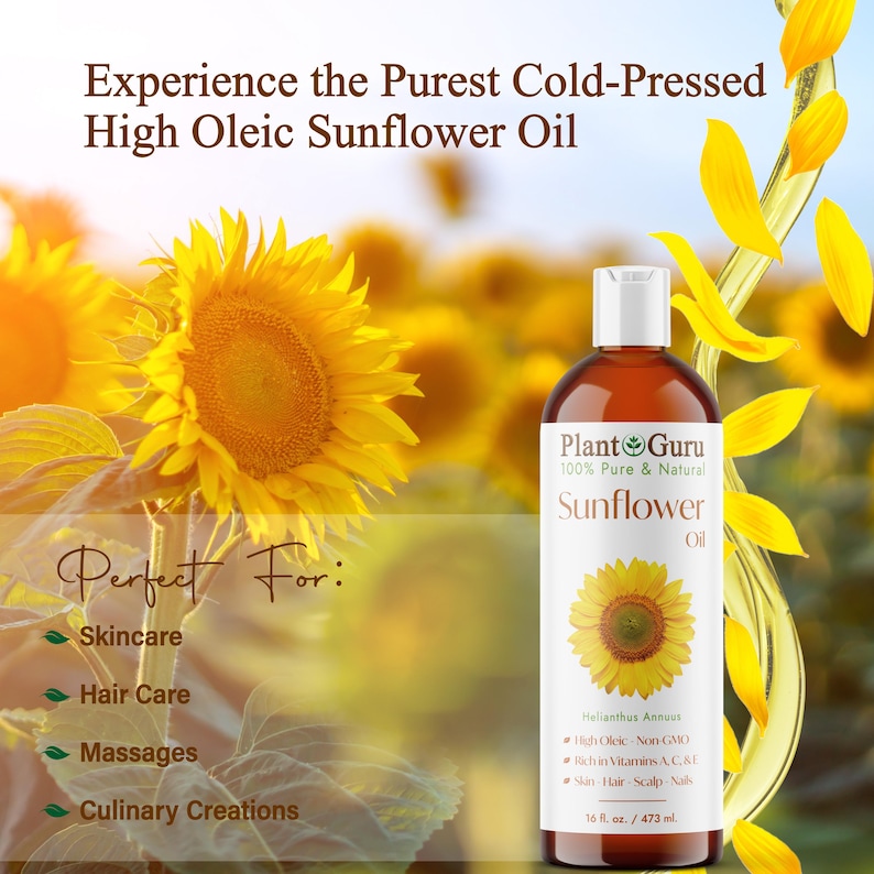 K&ouml;nnte beinhalten: Eine durchsichtige Glasflasche mit Plant Guru 100% reinem & nat&uuml;rlichem Sonnenblumen&ouml;l. Die Flasche ist mit einer Sonnenblumengrafik und dem Text "Sunflower Oil" beschriftet. Die Flasche steht auf einem Tisch mit einem Sonnenblumenfeld im Hintergrund. Der Text "Perfect For:" ist mit den folgenden Verwendungen aufgelistet: Hautpflege, Haarpflege, Massagen und Kulinarische Kreationen. Die Flasche enth&auml;lt 473 ml.