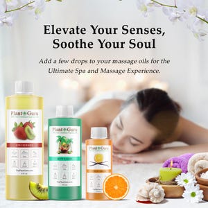 K&ouml;nnte beinhalten: Drei Flaschen Plant Guru Duft&ouml;l in den Gr&ouml;&szlig;en 236 ml, 118 ml und 59 ml. Die Etiketten zeigen die D&uuml;fte Kiwi Berries, Butt Naked und Citrus Vanilla mit Anwendungssymbolen. Der Text lautet: Elevate Your Senses, Soothe Your Soul. Add a few drops to your massage oils for the Ultimate Spa and Massage Experience.