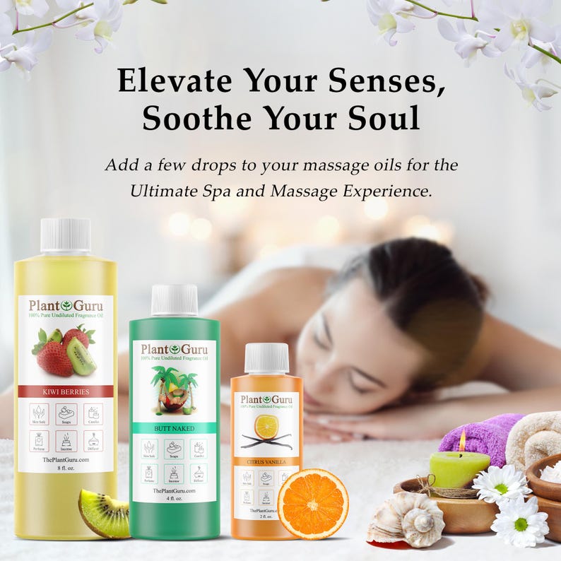 K&ouml;nnte beinhalten: Drei Flaschen Plant Guru Duft&ouml;l in den Gr&ouml;&szlig;en 236 ml, 118 ml und 59 ml. Die Etiketten zeigen die D&uuml;fte Kiwi Berries, Butt Naked und Citrus Vanilla mit Anwendungssymbolen. Der Text lautet: Elevate Your Senses, Soothe Your Soul. Add a few drops to your massage oils for the Ultimate Spa and Massage Experience.